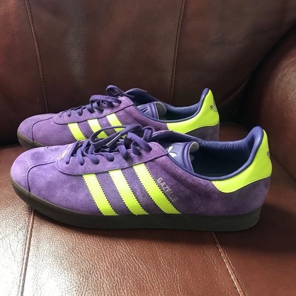 purple and yellow adidas gazelles
